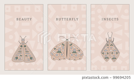 Pastel colors posters collection with festive, folk, geometrical ornament butterflies, moths. Vector Banner Templates. 99694205