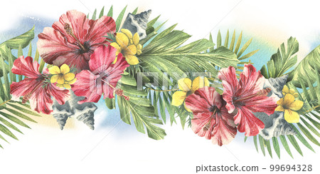 Tropical palm leaves with red hibiscus flowers and seashells. Watercolor illustration. Seamless border from the CUBA collection. For the design and design of invitations, postcards, stickers, websites 99694328
