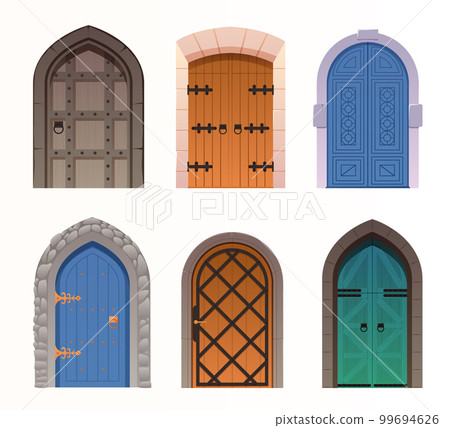 Castle medieval doors. Cartoon ancient fortress wooden gates, door with wrought iron elements. Wooden doors, gates. 99694626