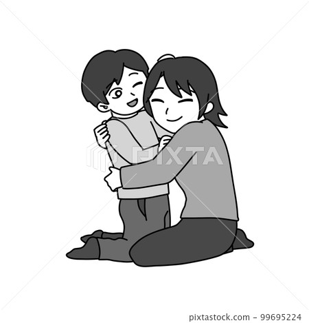 一個女人和一個男孩微笑著互相擁抱（黑白） 99695224