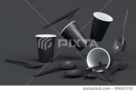 Set of disposable utensils like plate, folk, spoon and knife on monochrome black Set of disposable utensils like plate, folk, spoon and knife on monochrome black 99695358