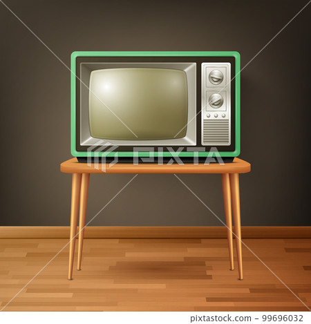 Vector 3d Realistic Retro TV Receiver on Wooden Floor. Home Interior Design Concept. Vintage TV Set, Television, Front View Vector 3d Realistic Retro TV Receiver on Wooden Floor. Home Interior Design Concept. Vintage TV Set, Television, Front View 99696032
