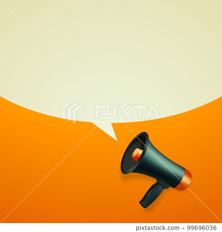 Vector Realistic 3d Simple Black Megaphone with Speech Buble on Orange Background. Design Template, Banner, Web. Speaker Sign with Place for Text, Copy Space. Announcement, Attention Concept 99696036