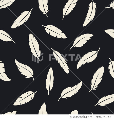 Vector Seamless Pattern with White Different Black Fluffy Feather Silhouettes on Black Background. Design Template of Flamingo, Angel, Bird Feathers for Wall Paper, Textile. Lightness, Freedom Concept 99696038