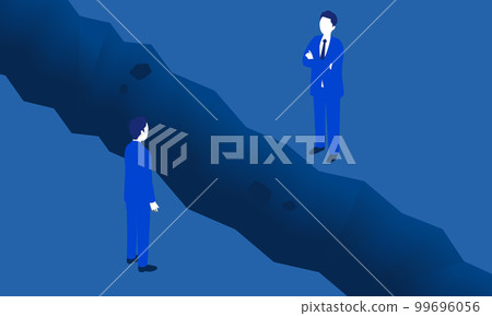 Flat illustration of two men standing and a cliff between them, conflict image, vector 99696056