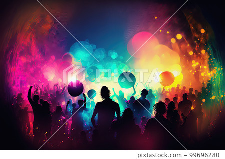 Silhouette of people raise hand up in concert or music festival, crowd of fans, rock concert, night club. AI Silhouette of people raise hand up in concert or music festival, crowd of fans, rock concert, night club. AI 99696280