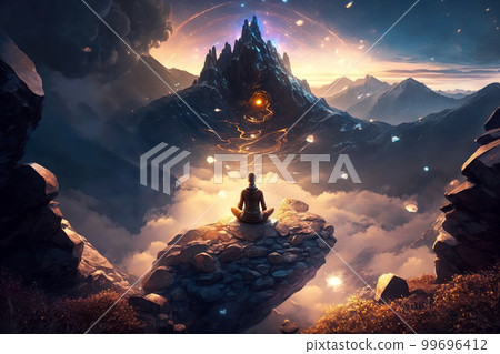 Woman practices yoga and meditation in mountains, fantasy view, generative AI 99696412