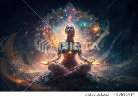 Woman practices yoga and meditation with space energy, fantasy view, generative AI. Woman practices yoga and meditation with space energy, fantasy view, generative AI. 99696414