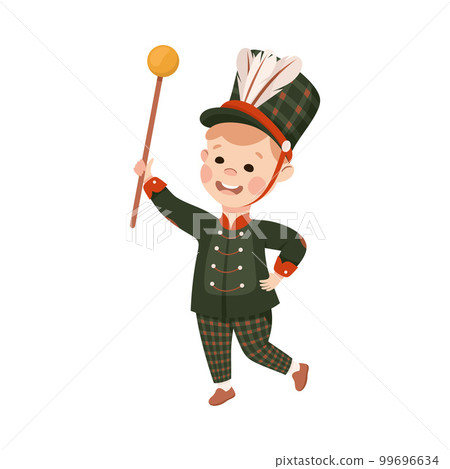 Cute boy drum major. Happy kid in black traditional costume marching band parade with rod cartoon vector illustration 99696634