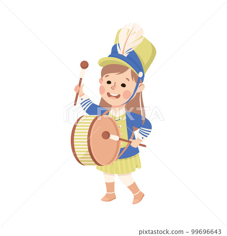 Cute girl in traditional costume playing drum musical instrument in marching band parade cartoon vector illustration Cute girl in traditional costume playing drum musical instrument in marching band parade cartoon vector illustration 99696643