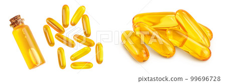 Fish oil capsules isolated on white background with  full depth of field. Top view with copy space for your text. Flat lay 99696728