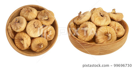 dried figs in wooden bowl isolated on white background with full depth of field. Top view. Flat lay dried figs in wooden bowl isolated on white background with full depth of field. Top view. Flat lay 99696730