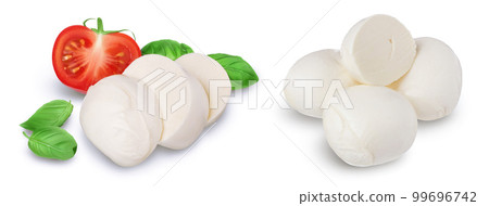 Mozzarella cheese sliced with basil leaf and tomato isolated on white background with full depth of field Mozzarella cheese sliced with basil leaf and tomato isolated on white background with full depth of field 99696742