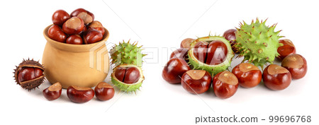 chestnut in a wooden bowl isolated on white background closeup 99696768