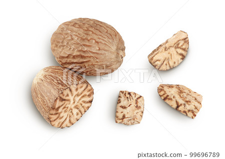 nutmeg isolated on white background with full depth of field. Top view. Flat lay nutmeg isolated on white background with full depth of field. Top view. Flat lay 99696789