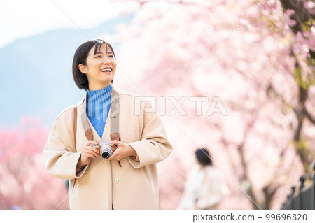 Woman, camera, travel, cherry blossoms, sightseeing, Kawazu cherry blossoms, camera girl, digital camera, sightseeing spot, trip, tourist attraction, girls' trip, solo trip 99696820