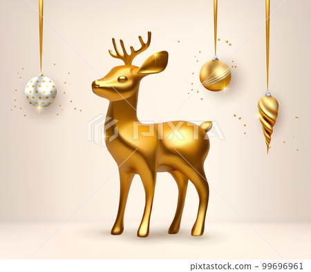 3d golden deer Christmas decoration, realistic vector. Isolated reindeer with Xmas balls 3d golden deer Christmas decoration, realistic vector. Isolated reindeer with Xmas balls 99696961