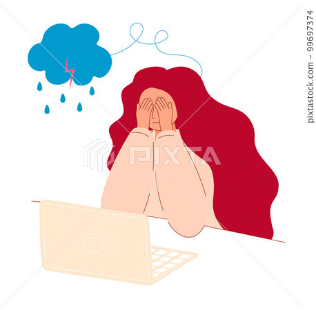 Mental illness concept vector. Character depression, stress. Anxiety, crisis, tears, exhaustion of human. Symptoms of a depressive disorder. Mental illness concept vector. Character depression, stress. Anxiety, crisis, tears, exhaustion of human. Symptoms of a depressive disorder. 99697374