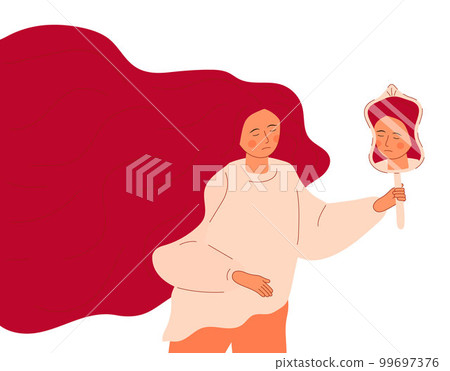 Upset and fat girl is looking in mirror. Depression, mental, disorder Upset and fat girl is looking in mirror. Depression, mental, disorder 99697376