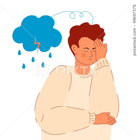 Mental illness concept vector. Character depression, stress. Anxiety, crisis, tears, exhaustion of human. Symptoms of a depressive disorder. Mental illness concept vector. Character depression, stress. Anxiety, crisis, tears, exhaustion of human. Symptoms of a depressive disorder. 99697378