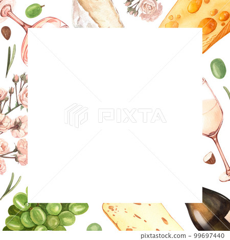 Watercolor wine and cheese template frame. Hand draw background with food objects. White wine bottle and glass, green grapes, cheese. Concept for wine list, label, banner, menu, flyer, brochure 99697440