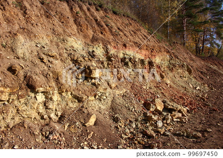 Part of the slope dug by an excavator with exposure of limestone rocks and clays of the Carboniferous period, lying under a layer of Quaternary deposits Part of the slope dug by an excavator with exposure of limestone rocks and clays of the Carboniferous period, lying under a layer of Quaternary deposits 99697450