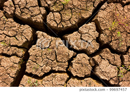 Drying cracks on the clay bottom of the reservoir after the water has dried Drying cracks on the clay bottom of the reservoir after the water has dried 99697457