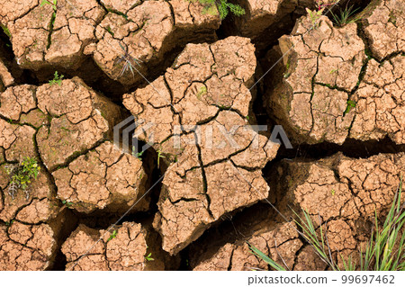 Drying cracks on the clay bottom of the reservoir after the water has dried Drying cracks on the clay bottom of the reservoir after the water has dried 99697462