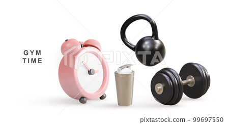 3d realistic clock, shacer, kettlebell and dumbbell - gym time concept. Vector illustration. 3d realistic clock, shacer, kettlebell and dumbbell - gym time concept. Vector illustration. 99697550