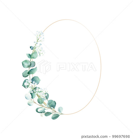 Watercolor floral wreath, golden frame, eucalyptus and gypsophila branches. Hand drawn botanical illustration. Can be used for logo design, wedding stationary, birthday, anniversary, baby shower cards Watercolor floral wreath, golden frame, eucalyptus and gypsophila branches. Hand drawn botanical illustration. Can be used for logo design, wedding stationary, birthday, anniversary, baby shower cards 99697698