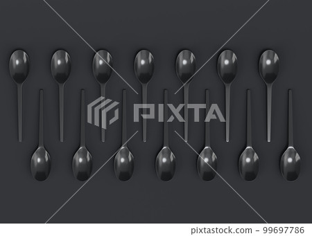 Set of disposable utensils like spoon on monochrome black background. Set of disposable utensils like spoon on monochrome black background. 99697786