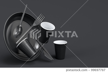Set of disposable utensils like plate, folk, spoon and knife on monochrome black 99697787