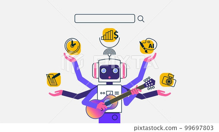 Illustration of a cute cartoon robot with multiple hands, each hand displaying popular search task icons on its palm, against a white background. A search bar with a magnifying glass is displayed on Illustration of a cute cartoon robot with multiple hands, each hand displaying popular search task icons on its palm, against a white background. A search bar with a magnifying glass is displayed on 99697803