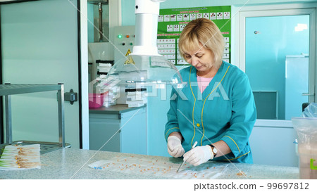 lab worker studying, examines Seeds and shoots of genetically modified cereals, corn seeds, in laboratory. Science laboratory research, biotechnology, GMO concept. germination of seeds of various lab worker studying, examines Seeds and shoots of genetically modified cereals, corn seeds, in laboratory. Science laboratory research, biotechnology, GMO concept. germination of seeds of various 99697812