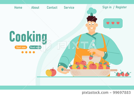 Cook and fruit platter. Web banner, landing page for online cooking lessons. Cartoon illustration, vector 99697883