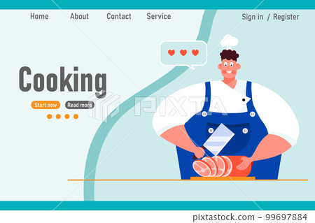 The cook prepares the meat. Web banner, landing page for online cooking lessons. Cartoon illustration, vector 99697884