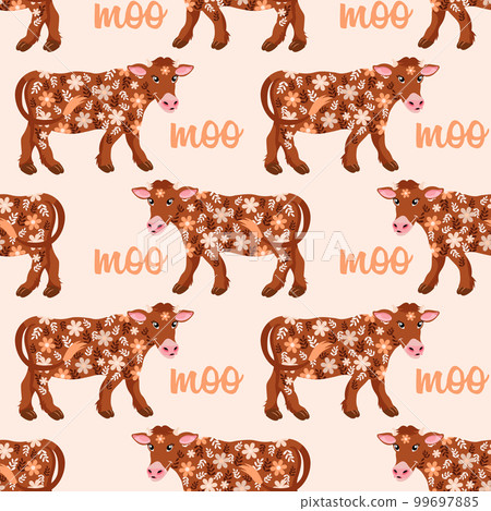 Seamless pattern, cute cows in flowers and the word Moo. Background, Cartoon illustration, vector 99697885
