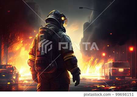 Siluette fo firefighter with fire Siluette fo firefighter with fire 99698151