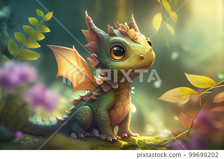 Cute baby dragon in forest 99698202