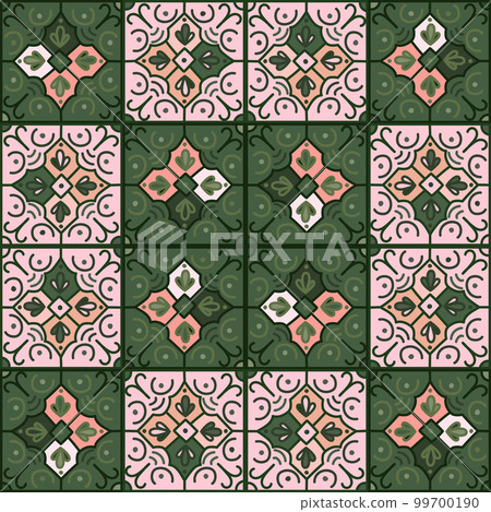 Seamless pattern with decorative mosaic elements. Vintage tile. Abstract geometric ornamental wallpaper. 99700190
