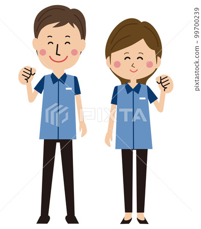 Convenience store clerk male and female fist pump 99700239