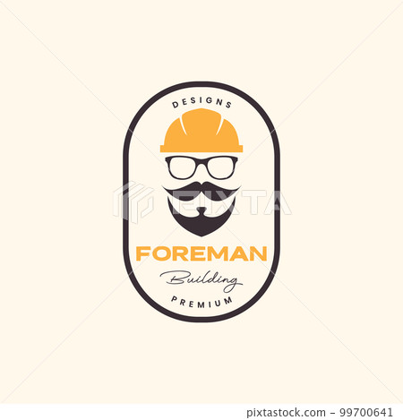 old guy face foreman building mustache bearded helmet badge vintage logo design vector icon illustration 99700641