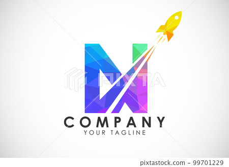 Polygonal alphabet N with a Rocket logo design. Rocket icon. Low poly graphic alphabet symbol 99701229