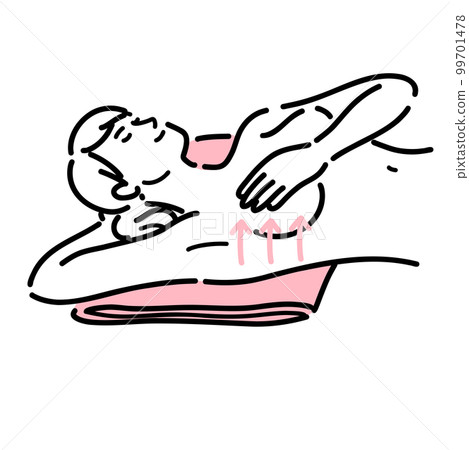 A woman lying down and touching her chest to self-check A woman lying down and touching her chest to self-check 99701478