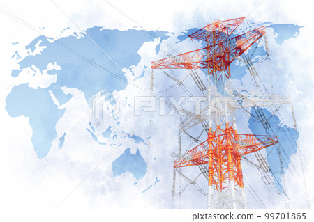 Energy crisis High-voltage power line towers and world map 99701865