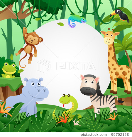 Wildlife animal in jungle with circular copy space . Kids style . Vector . Wildlife animal in jungle with circular copy space . Kids style . Vector . 99702138