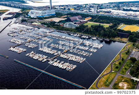 Yumenoshima Marina boats docked in Tokyo, Japan Yumenoshima Marina boats docked in Tokyo, Japan 99702375