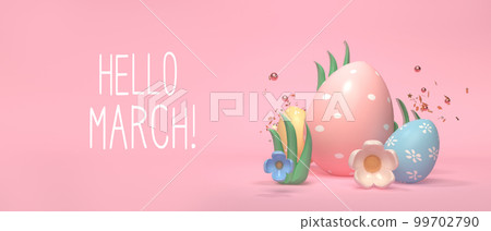 Hello March message with Easter eggs and spring holiday pastel colors 99702790