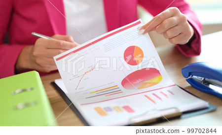 Business woman working with financial and marketing documents in office Business woman working with financial and marketing documents in office 99702844