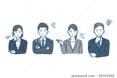 穿著西裝的男人和女人的插圖,表情困擾和不安 穿著西裝的男人和女人的插圖,表情困擾和不安 99703898